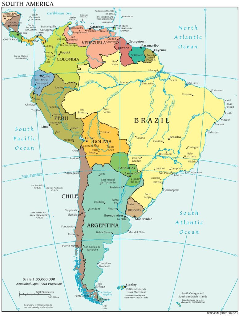 Carte politique de l’Amérique du Sud.