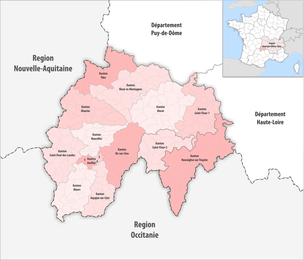 Carte des cantons du département du Cantal.