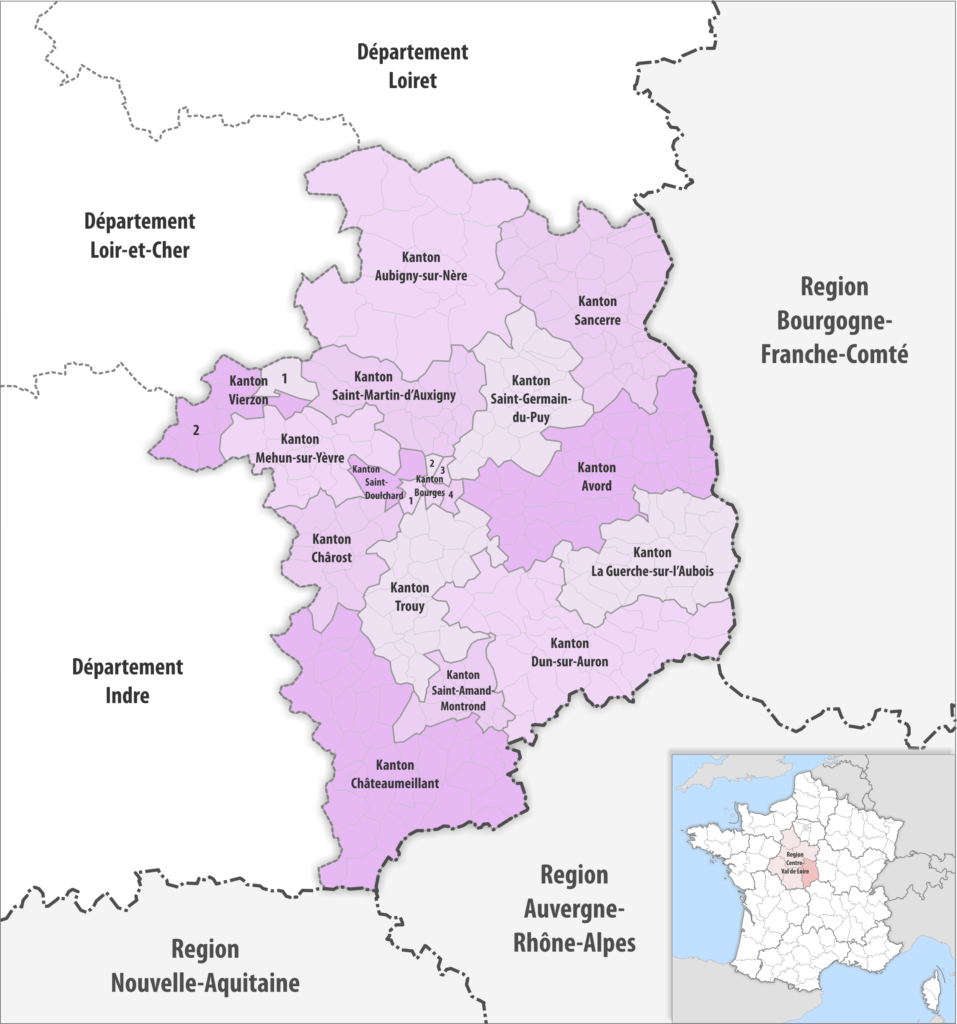 Carte des cantons du département du Cher.