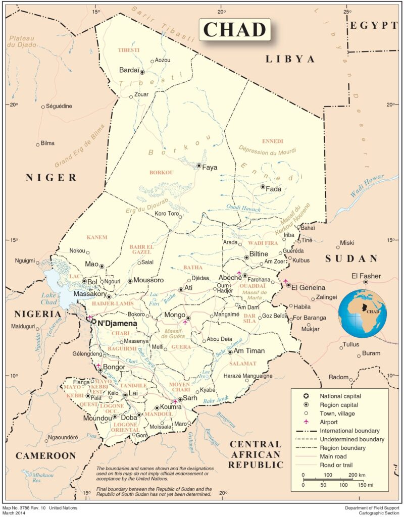 Carte des principales villes du Tchad.