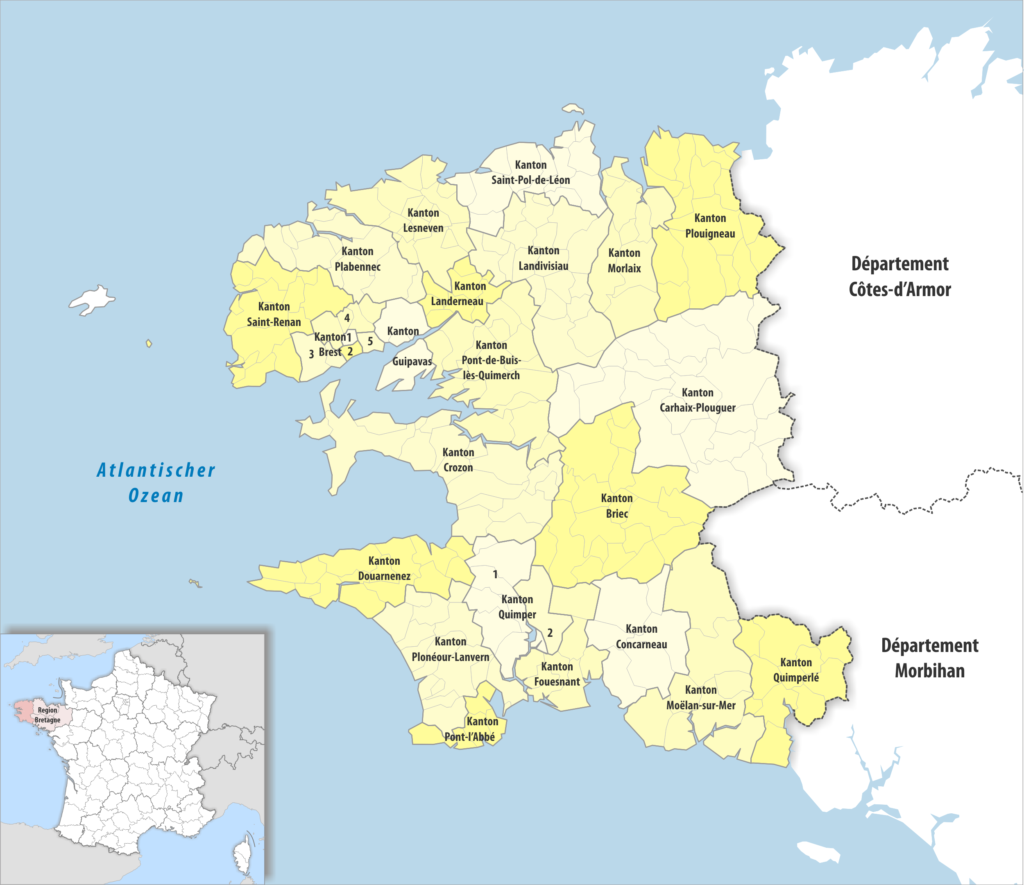 Carte des cantons du département du Finistère.