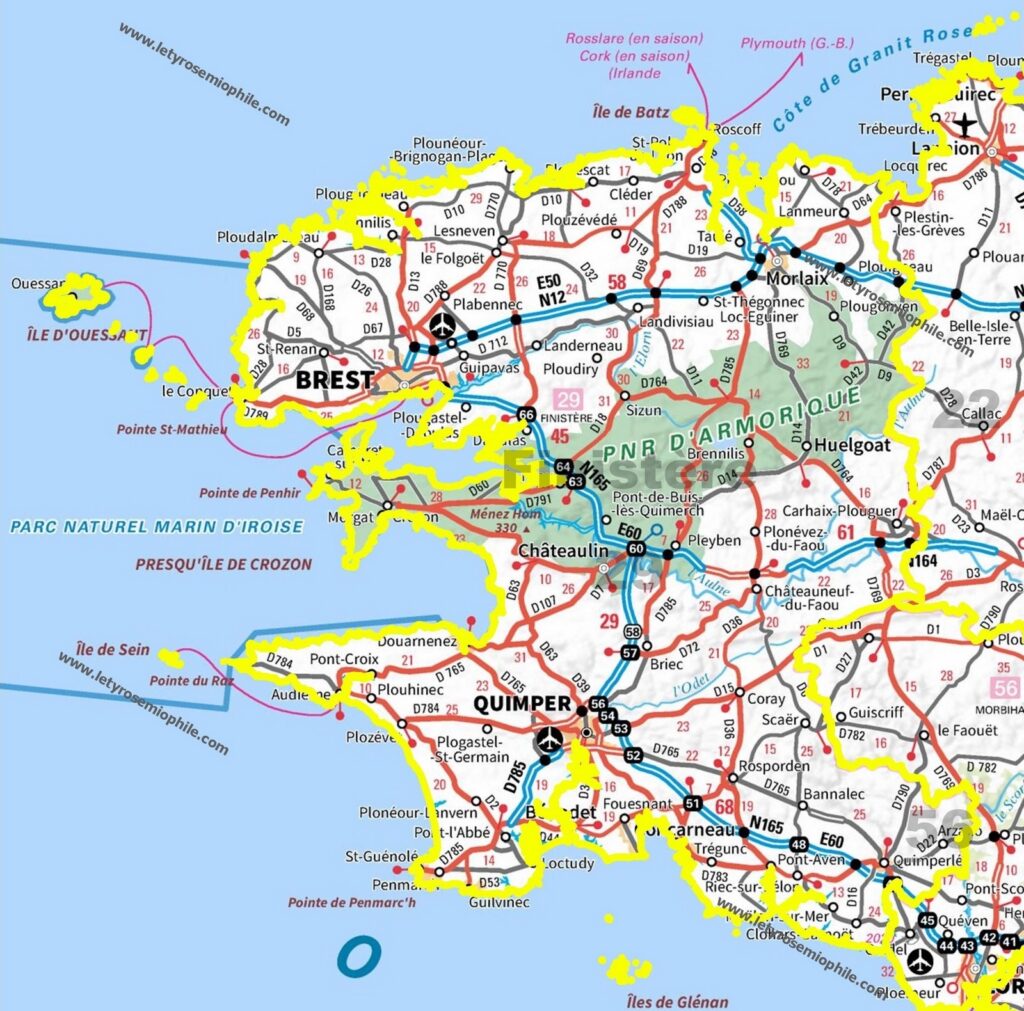 Carte routière du Finistère.