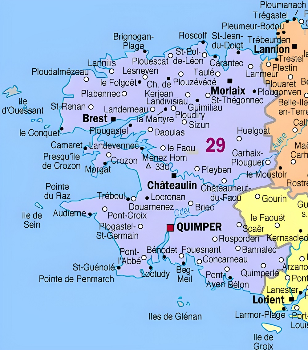 Carte des principales communes du Finistère.