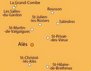 Carte des principales villes dans les environs d'Alès.