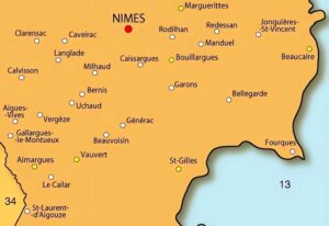 Carte des principales villes dans les environs de Nîmes.