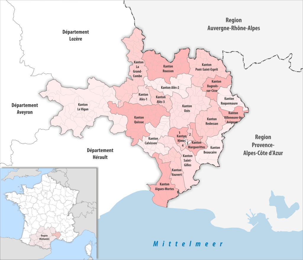Carte des cantons du département du Gard.