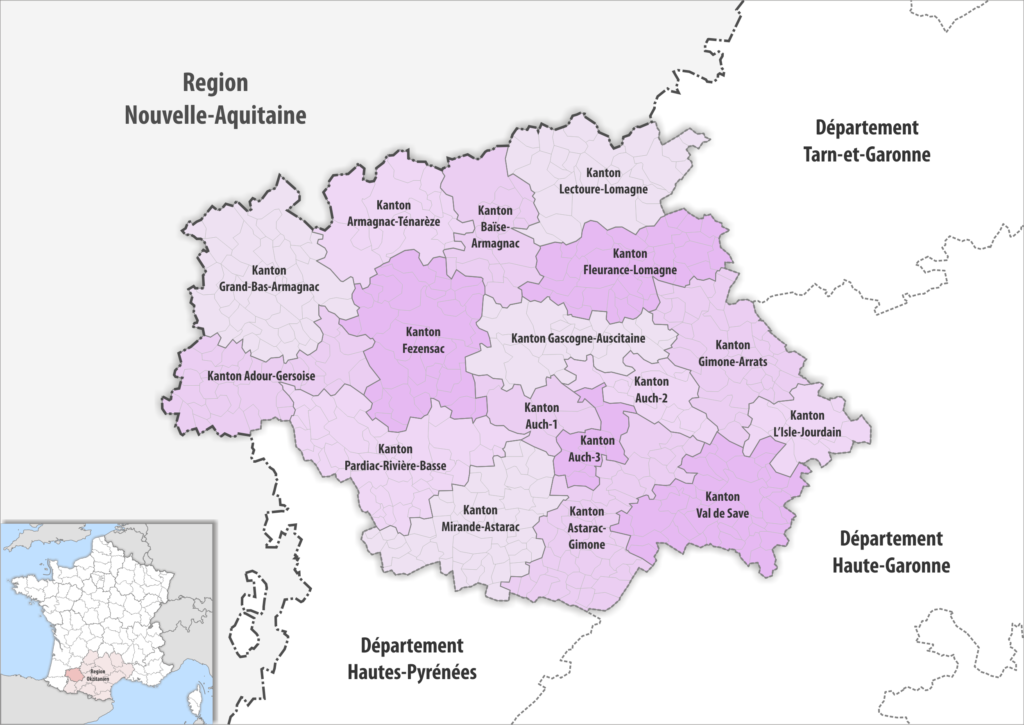 Carte des cantons du département du Gers.