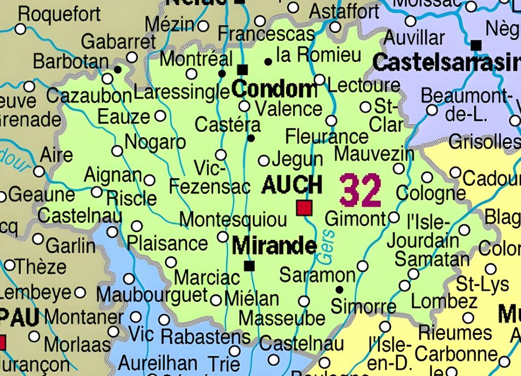 Carte des principales communes du Gers.