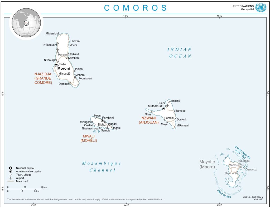 Carte des principales villes des Comores.
