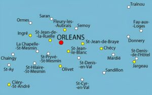 Principales villes autour d'Orléans dans le département du Loiret.