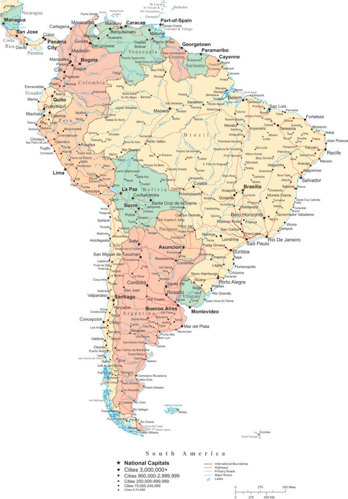 Carte des principales villes d'Amérique du Sud