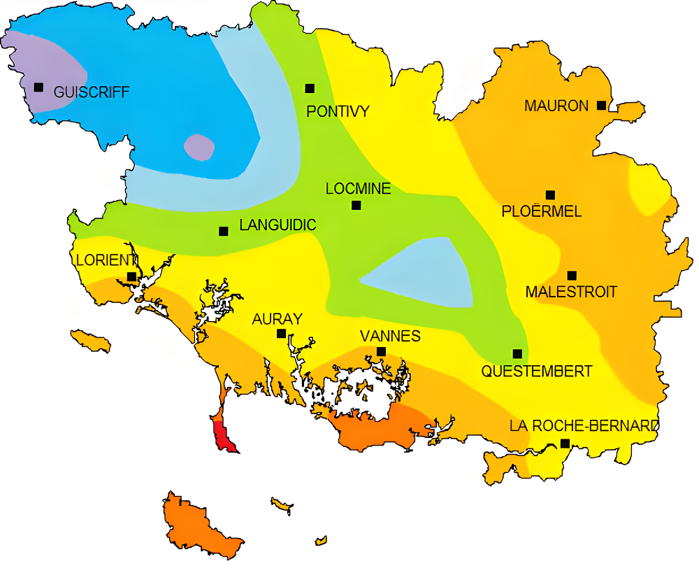 Carte pluviométrique du Morbihan.
