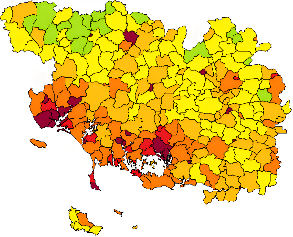 Carte de densité de population par commune du Morbihan.