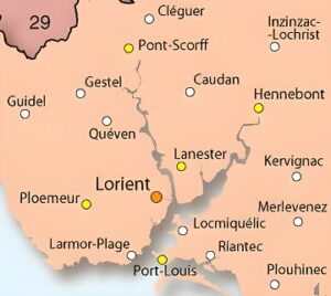 Carte des principales villes des environs de Lorient.