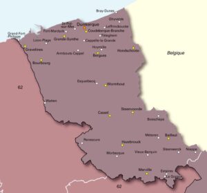 Carte des principales villes des environs de Dunkerque.