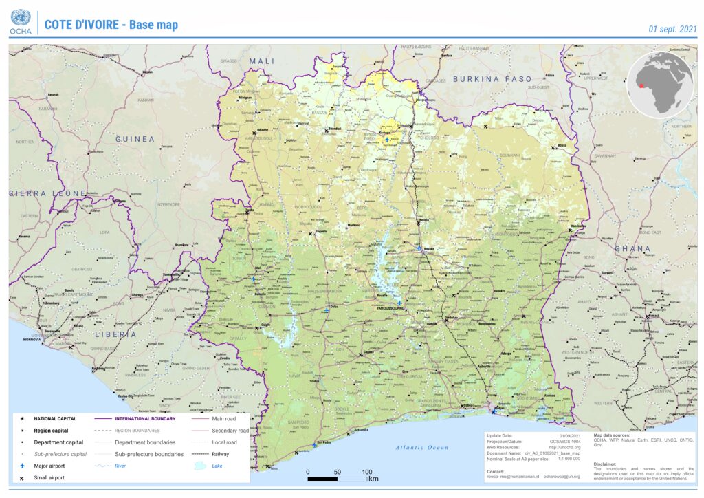 Carte des principales villes de Côte d'Ivoire.