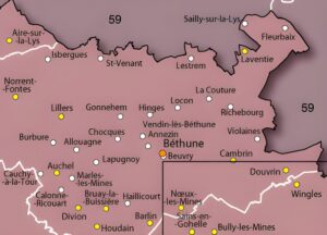 Carte des principales villes des environs de Béthune.