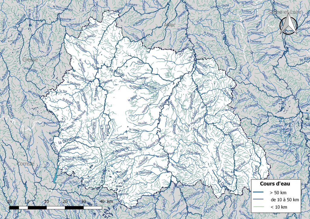 Carte du réseau hydrographique du Puy-de-Dôme.