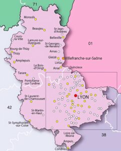 Carte des principales villes du Rhône.