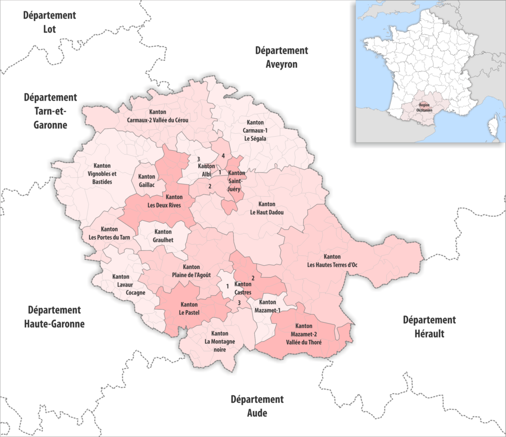 Carte des cantons du département du Tarn.