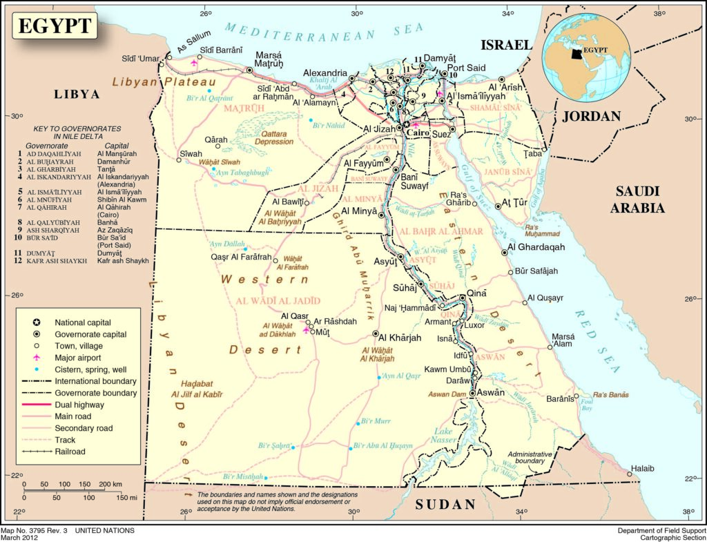 Carte des principales villes d'Égypte