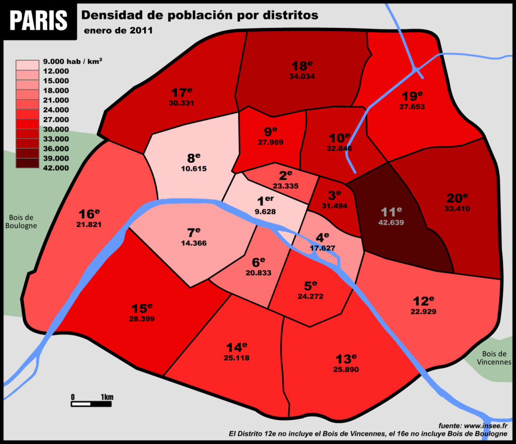 Carte de densité de population par arrondissement de Paris.