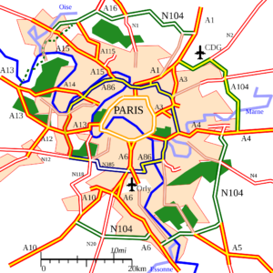 Carte des principaux axes routiers de la région parisienne.
