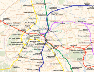 Carte du Réseau Express Régional RER de Paris dans l'aire centrale.