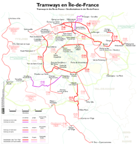 Plan du réseau des tramways en Île-de-France.