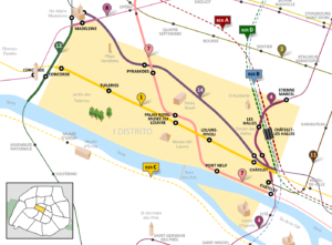 Plan des lignes de métro et du RER dans le 1er arrondissement de Paris.