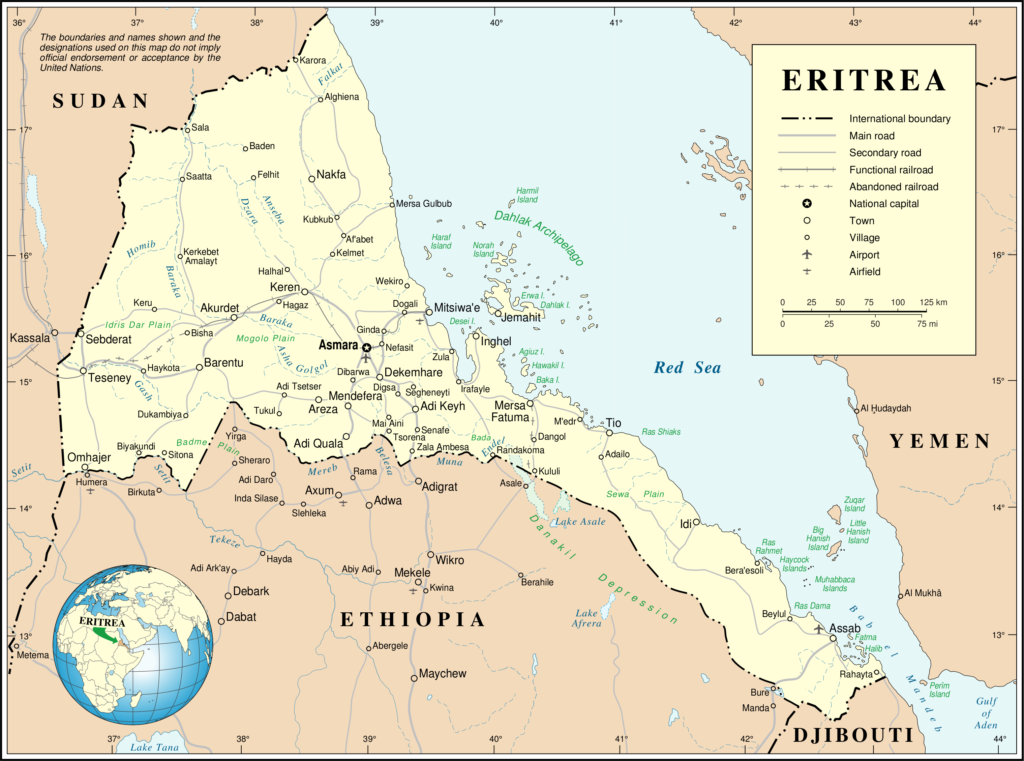 Carte des principales villes d'Érythrée.