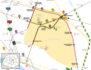 Plan des lignes de métro dans le 3e arrondissement de Paris.