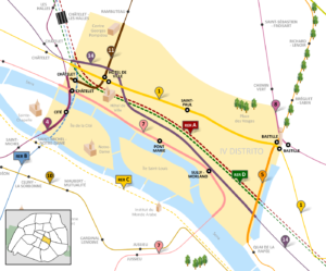 Plan des lignes de métro dans le 4e arrondissement de Paris.