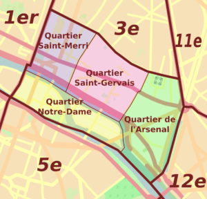 Plan des quartiers administratifs du 4e arrondissement de Paris.