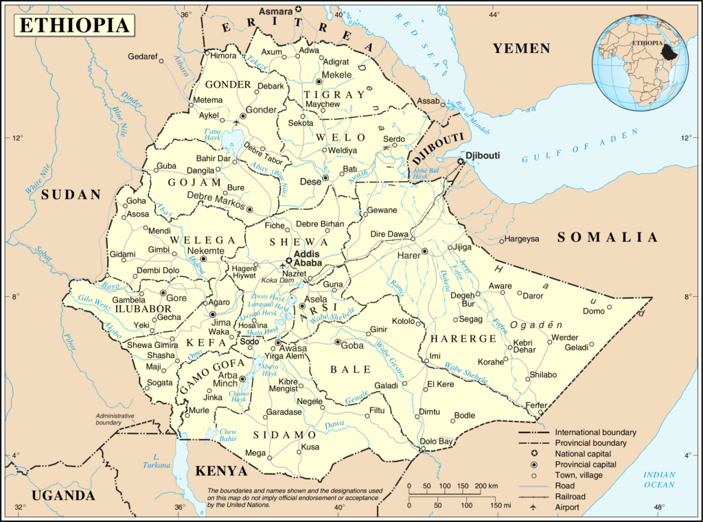 Carte des principales villes d'Éthiopie.