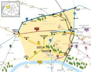 Plan des lignes de métro et RER dans le 8e arrondissement de Paris.