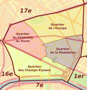 Plan des quartiers administratifs du 8e arrondissement de Paris.