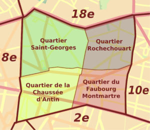 Plan des quartiers administratifs du 9e arrondissement de Paris.