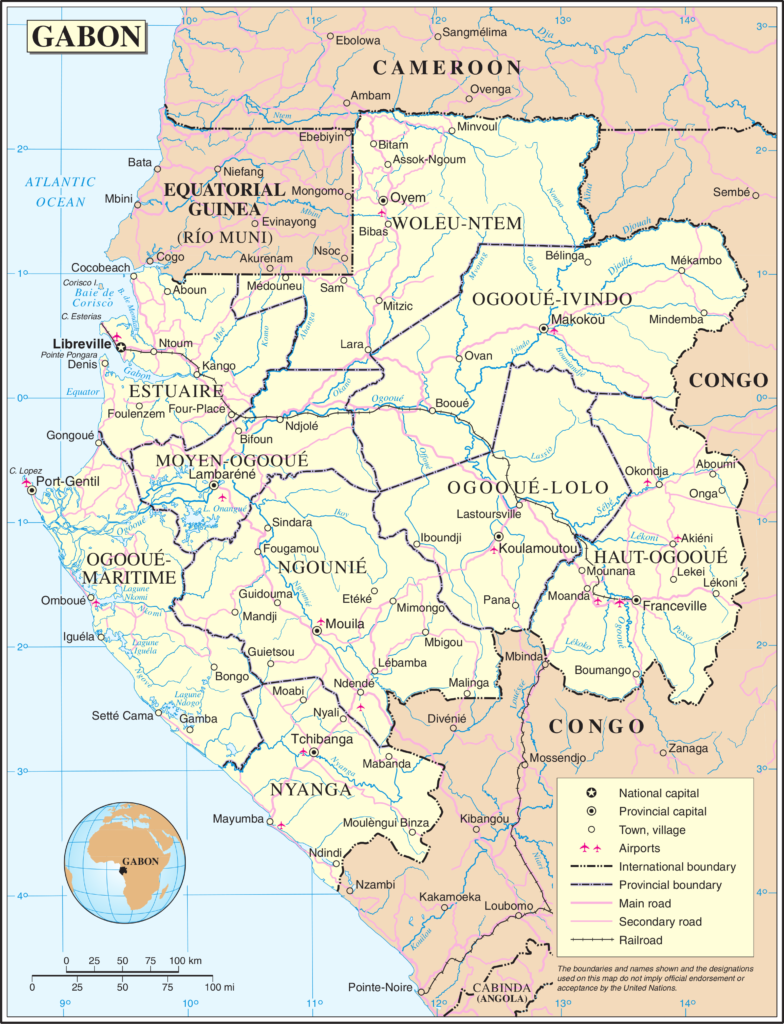 Carte des principales villes du Gabon.