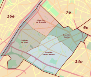 Plan des quartiers administratifs du 15e arrondissement de Paris.