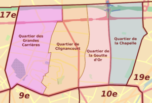 Plan des quartiers administratifs du 18e arrondissement de Paris.