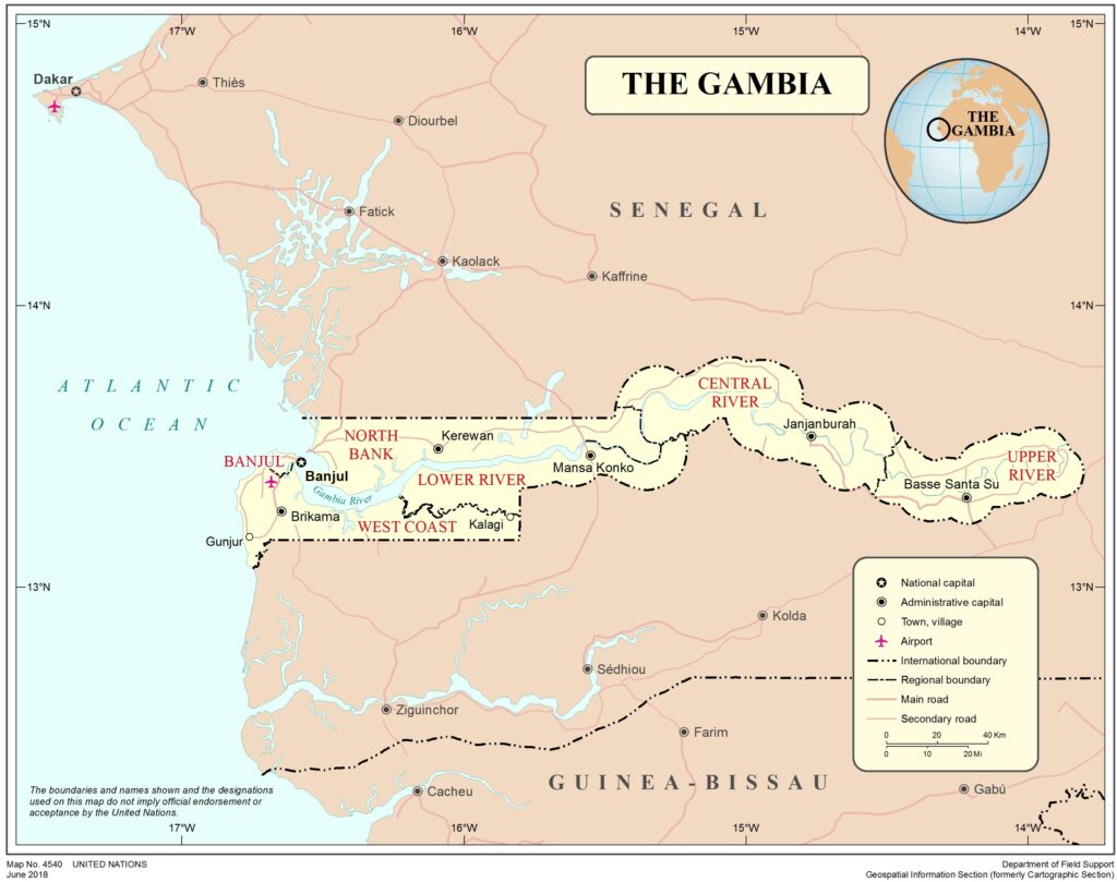 Carte des principales villes de Gambie.