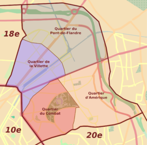 Plan des quartiers administratifs du 19e arrondissement de Paris.