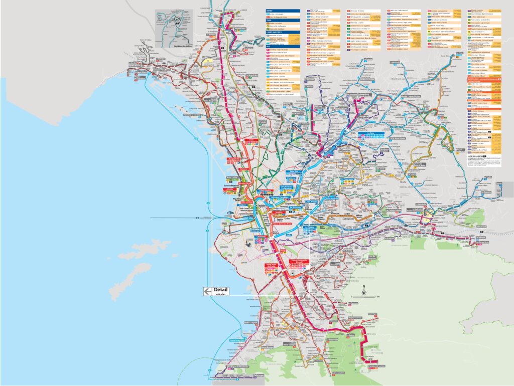 Plan du réseau des transports en commun de Marseille.
