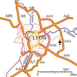 Carte des autoroutes de Lyon indiquant la localisation de l'aéroport de Lyon-Saint-Exupéry.