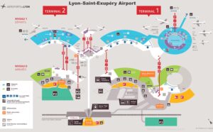 Plan schématique de l'aéroport international de Lyon-Saint-Exupéry.