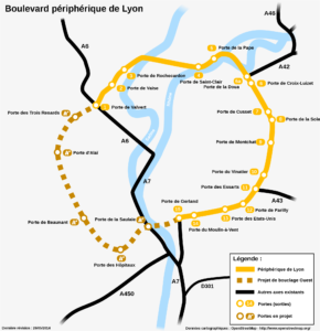 Plan schématique du périphérique de Lyon.