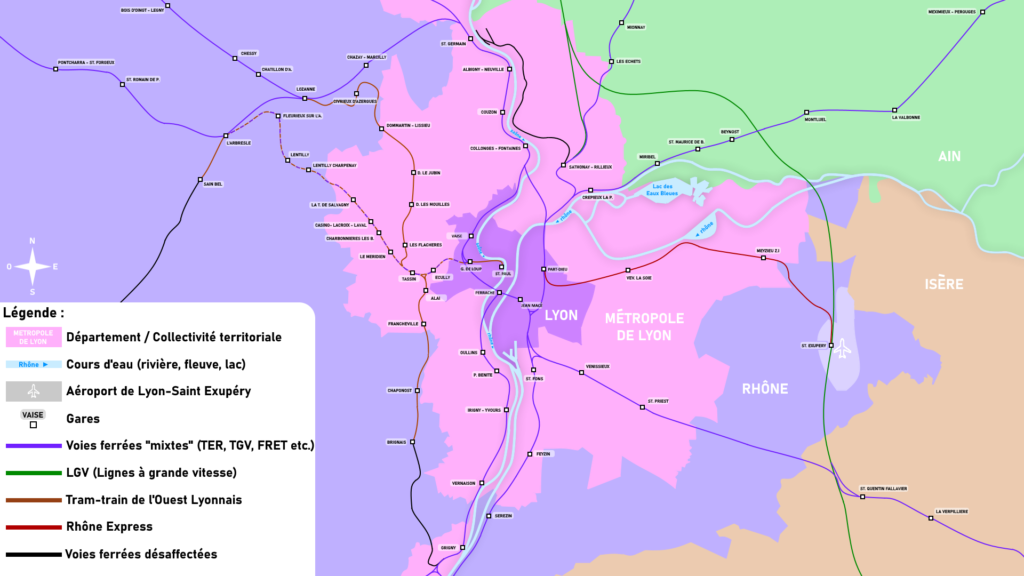 Carte du réseau ferroviaire de la région lyonnaise.