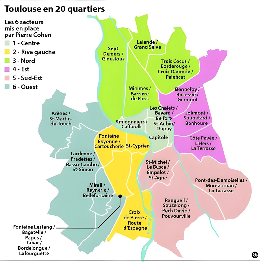 Carte des secteurs et quartiers de Toulouse.
