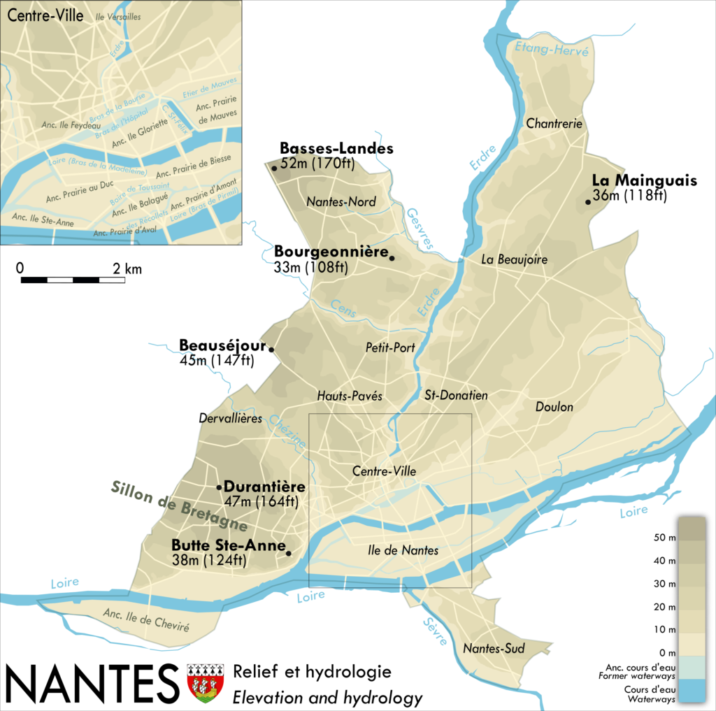 Carte du relief de Nantes.